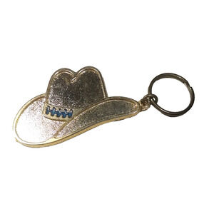 Cowboy Hat Blue Gold Tone Large Keychain Heavy Bling Southwest